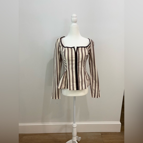 NWT Maeve by Anthropologie Brown and Cream Striped Square-Neck Blouse - Picture 3 of 4
